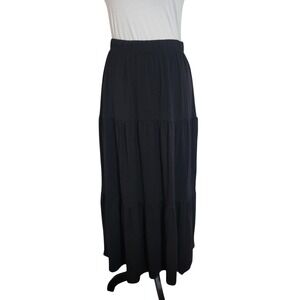 Eileen Fisher Black Tiered Maxi Skirt Elastic Waist Boho Flowy Ankle Length XXS